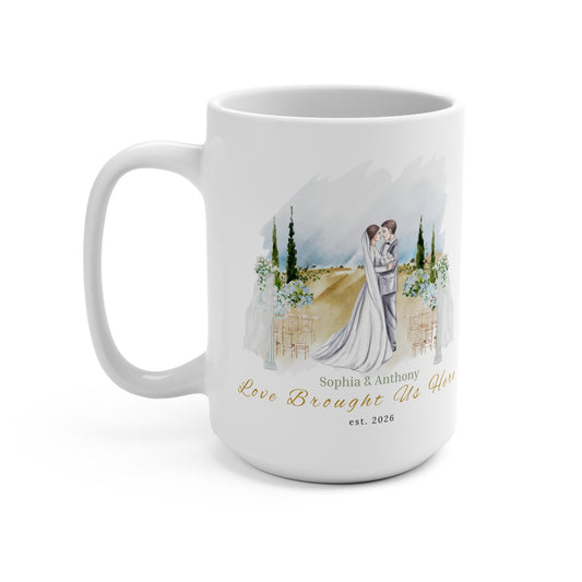 A roomy 15oz ceramic mug that holds morning coffee, late-night tea, and quiet moments together. The artful watercolor scene shows a newlywed couple embraced against a soft pastoral backdrop — gentle greens, warm fields, and a hint of sky —