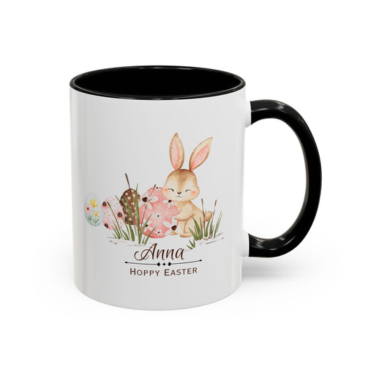Personalized Easter Bunny Coffee Mug – Custom Name Accent Mug – “Hoppy Easter” Cute Bunny Mug – Easter Gift – Choose Your Favorite Color (11oz)