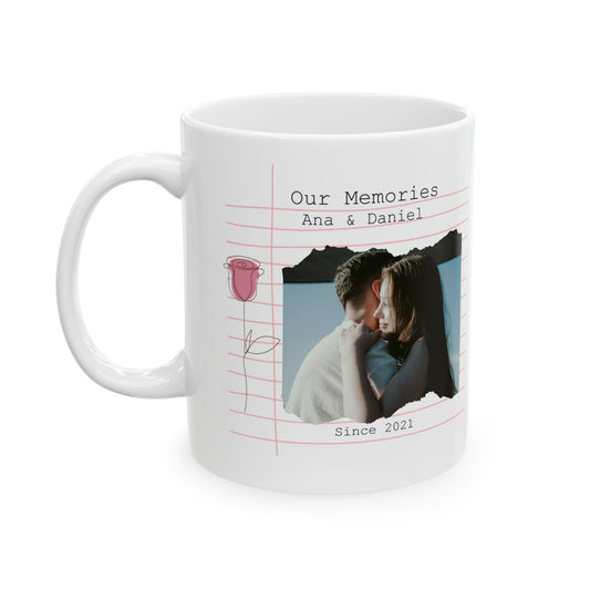 Personalized Couple Photo Mug – Our Memories Notebook Style with Names and Year