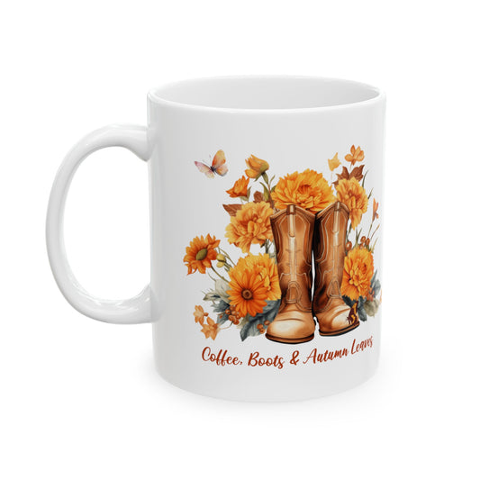 Coffee Boots & Autumn Leaves Mug | Fall Coffee Mug | Western Autumn Mug | Sunflower Fall Coffee Cup | Cozy Fall Gift for Women