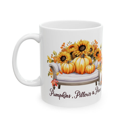Pumpkins Pillows & Peace Mug | Cozy Fall Coffee Mug | Pumpkin Sunflower Mug | Autumn Coffee Cup | Thanksgiving Gift for Her