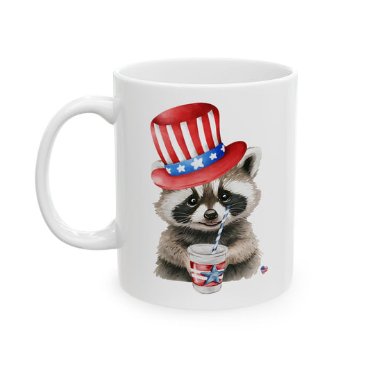 Patriotic Raccoon Mug – Cute Raccoon with Hat & Drink, Custom Name Gift for Valentine’s Day, Birthday & Anniversary