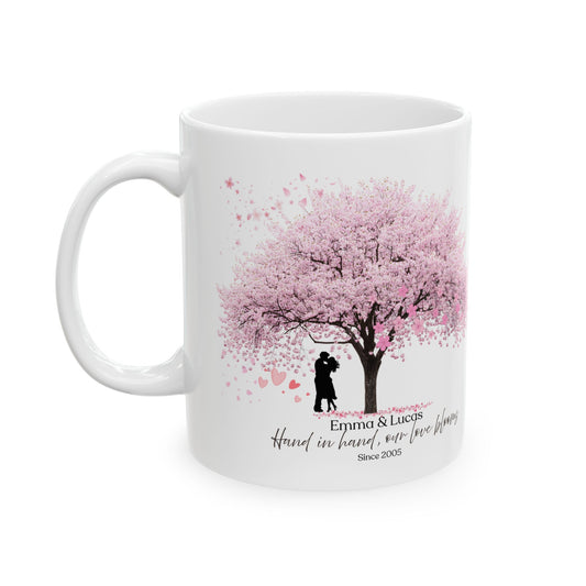 Personalized Couple Mug – Vintage Blossom Tree Love Gift with Names and Date