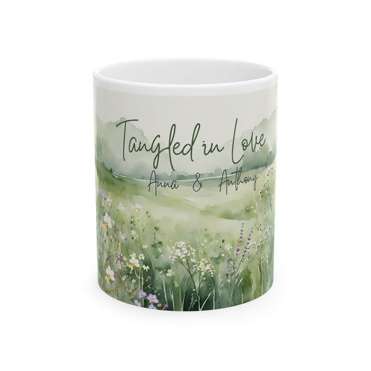 Personalized Tangled in Love Mug – Floral Field Couple Gift with Names
