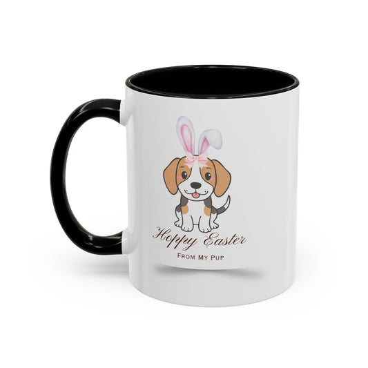 Personalized Easter Bunny Dog Coffee Mug – Custom Name Accent Mug – “Hoppy Easter” Cute 3D Dog with Bunny Ears – Easter Gift 11oz