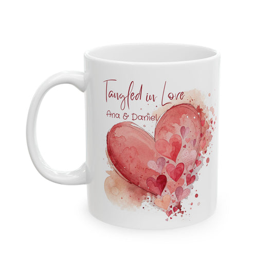 Personalized Tangled in Love Mug – Watercolor Heart Couple Gift with Names