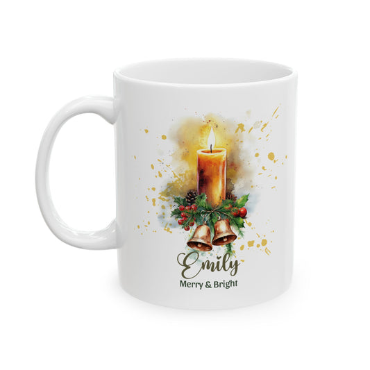 Personalized Christmas Candle Mug | Custom Name Christmas Coffee Mug | Merry & Bright Holiday Gift | Watercolor Christmas Mug