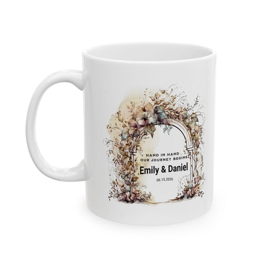 Personalized Wedding Mug – Custom Couple Gift with Names & Date, Floral Arch Mug, Engagement Gift, Bride & Groom Keepsake