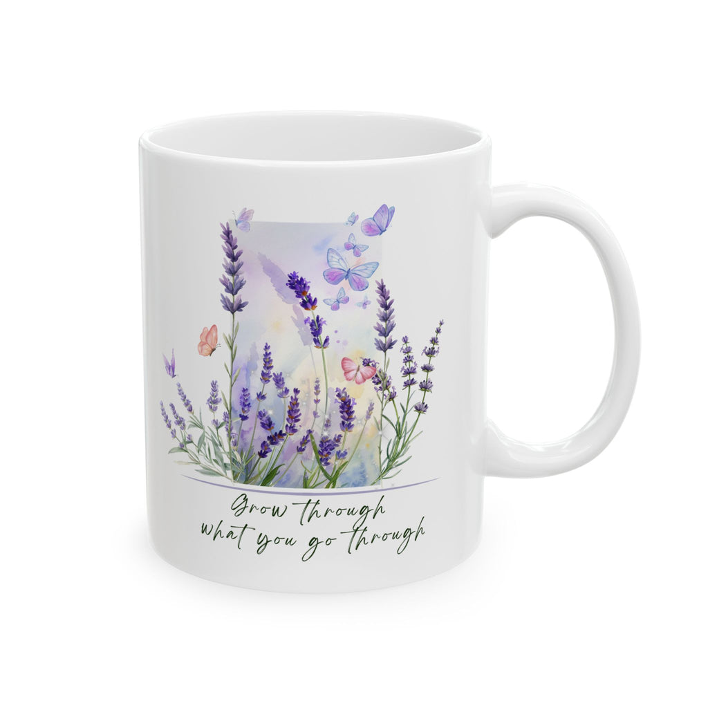 Lavender Butterfly Mug – “Grow Through What You Go Through” Inspirational Floral Coffee Cup, Meaningful Gift for Valentine’s Day, Birthday, Anniversary, Wedding
