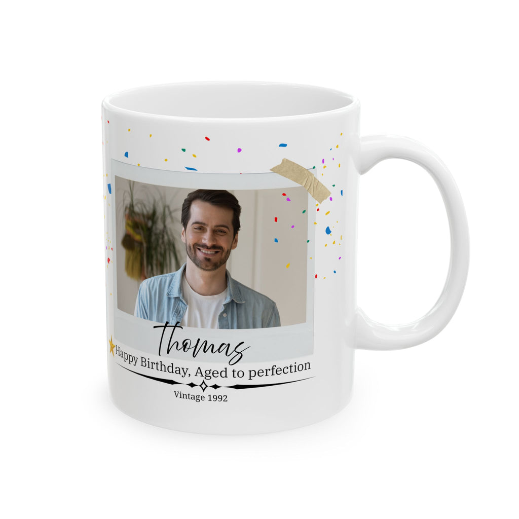 Personalized Vintage Birthday Mug – Aged to Perfection Camera Photo Design with Year