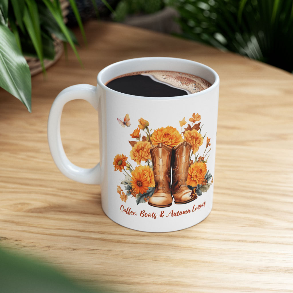 Coffee Boots & Autumn Leaves Mug | Fall Coffee Mug | Western Autumn Mug | Sunflower Fall Coffee Cup | Cozy Fall Gift for Women