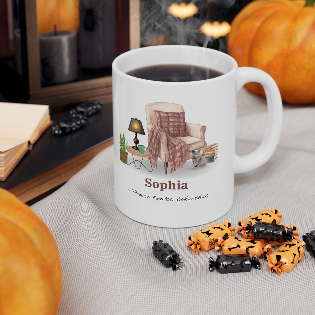 Personalized Cozy Cat Mug – Custom Name Coffee Cup, Peace Looks Like This Mug, Cat Lover Gift, Self Care Aesthetic Mug, Gift for Her