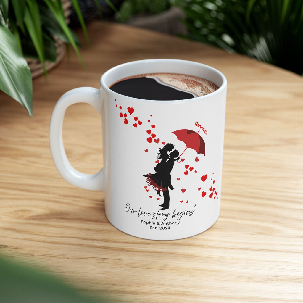 Personalized Couple Mug – Our Love Story Begins Forever Umbrella Love Design
