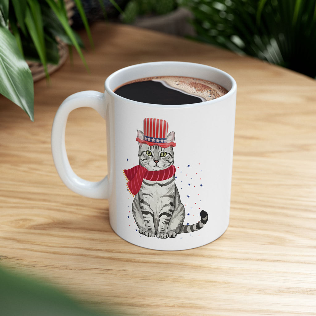 Patriotic Cat Mug – Cute USA Animal Coffee Cup | Red White and Blue Design