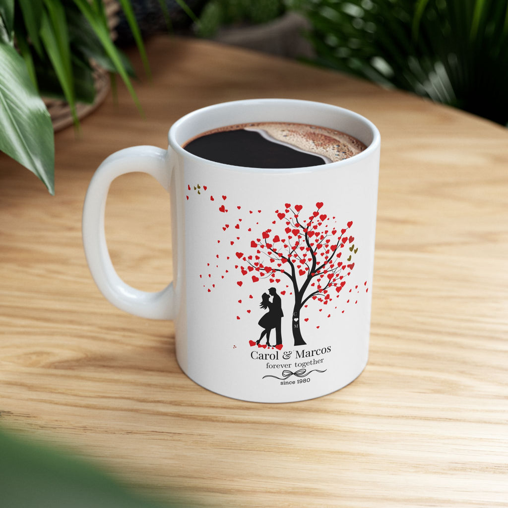 Personalized Couple Mug – Romantic Tree of Hearts Anniversary Gift with Names and Year