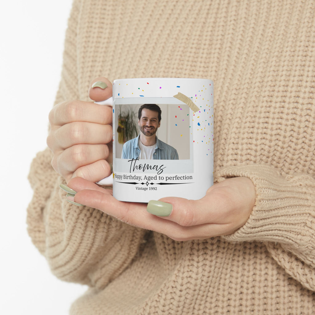 Personalized Vintage Birthday Mug – Aged to Perfection Camera Photo Design with Year