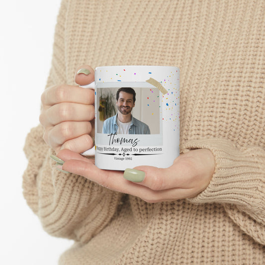 Personalized Vintage Birthday Mug – Aged to Perfection Camera Photo Design with Year