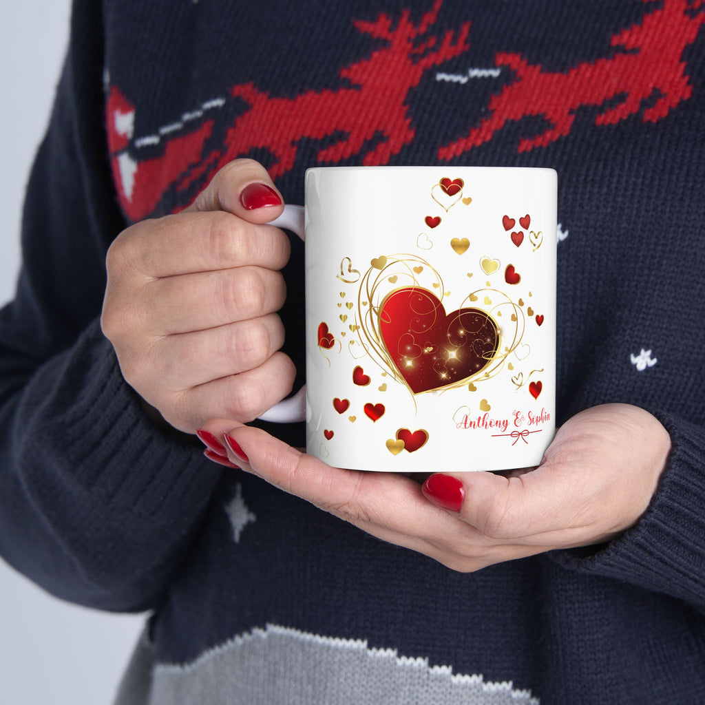 Personalized Heart Mug – Red and Gold Love Design with Couple Names