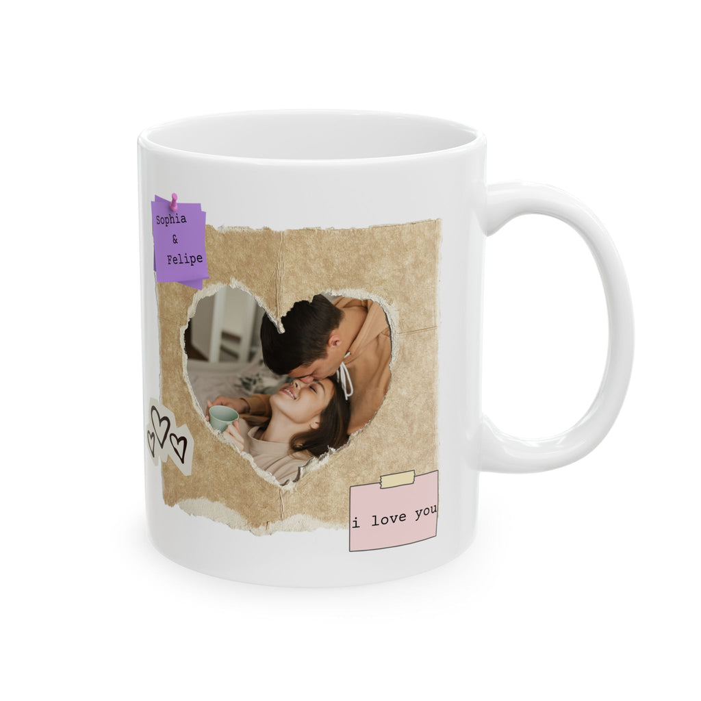 Personalized Photo Mug – Vintage Paper Heart Love Gift with Names
