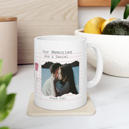 Personalized Couple Photo Mug – Our Memories Notebook Style with Names and Year