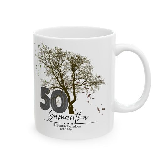 Personalized Tree Birthday Mug – Custom Age & Name, Tree with Falling Leaves Design, Meaningful Gift for Anniversary & Special Moments