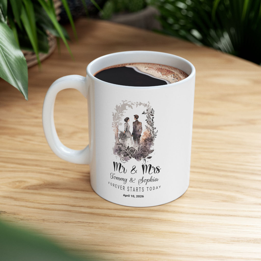 Personalized Wedding Mug Mr & Mrs, Custom Couple Names Coffee Mug, Forever Starts Today Gift, Wedding Gift for Bride and Groom, Anniversary Keepsake