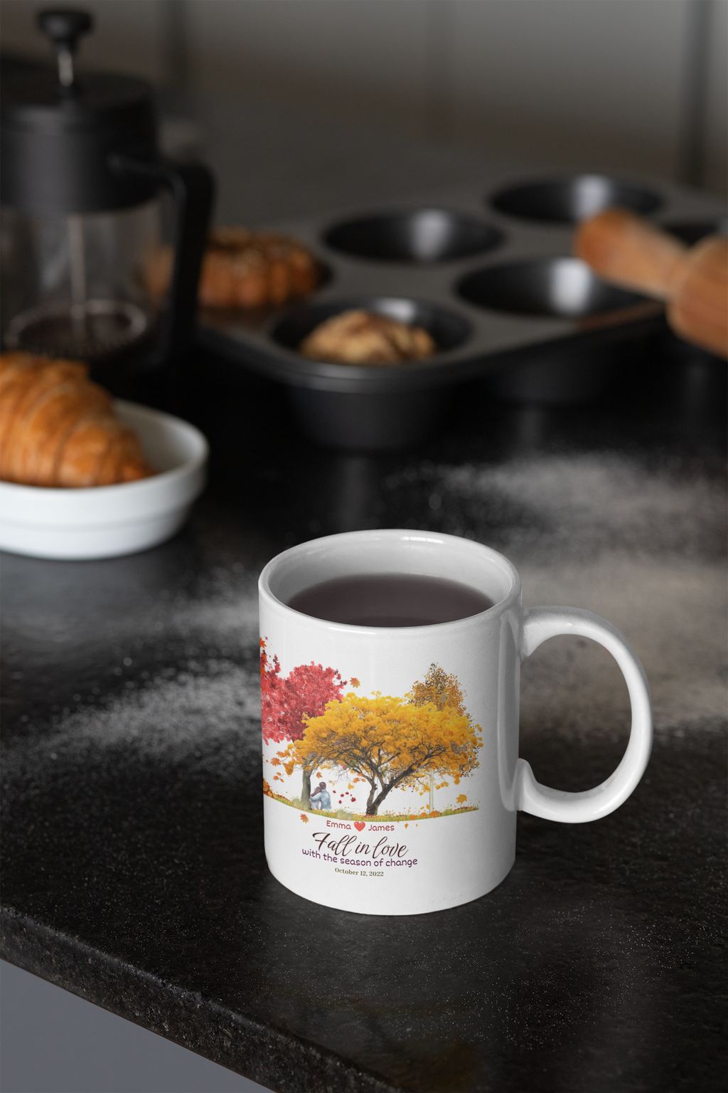 Personalized Fall Couple Mug | Custom Autumn Coffee Mug with Names & Date | Anniversary Gift for Couples | Watercolor Fall Trees Mug