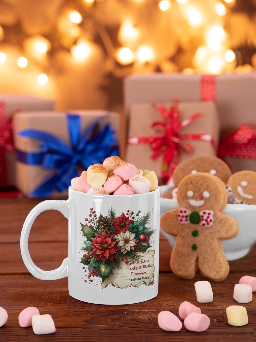 Personalized Christmas Family Mug, Custom Holiday Poinsettia Mug with Name, Thanksgiving Gift Mug