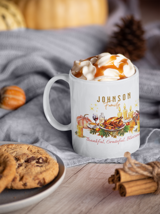 Personalized Thanksgiving Family Mug – Custom Last Name, Thankful Grateful Blessed Coffee Cup,Personalization required: Enter your family last name exactly as you want it printed.