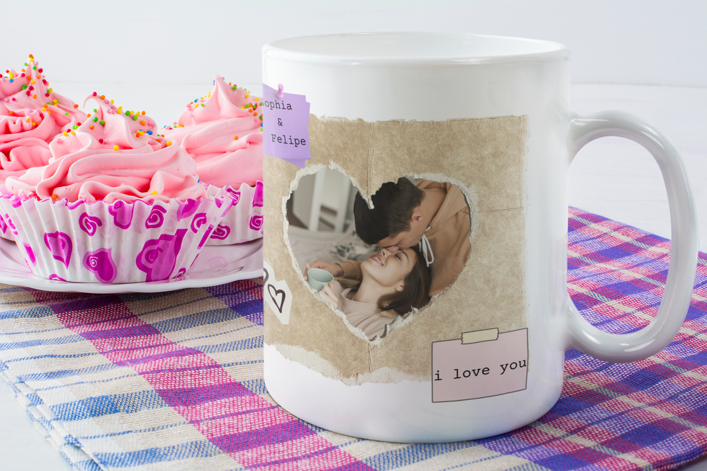 Personalized Photo Mug – Vintage Paper Heart Love Gift with Names