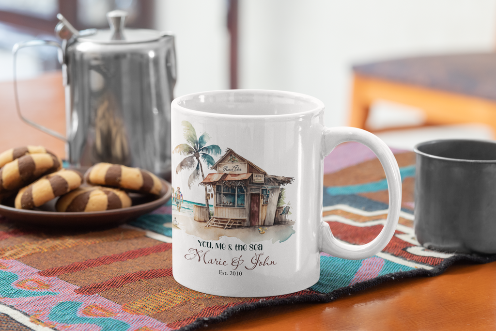 Personalized Couple Beach Mug – Custom Names and Date Anniversary Gift, Personalized Couple Beach Mug | Anniversary Gift