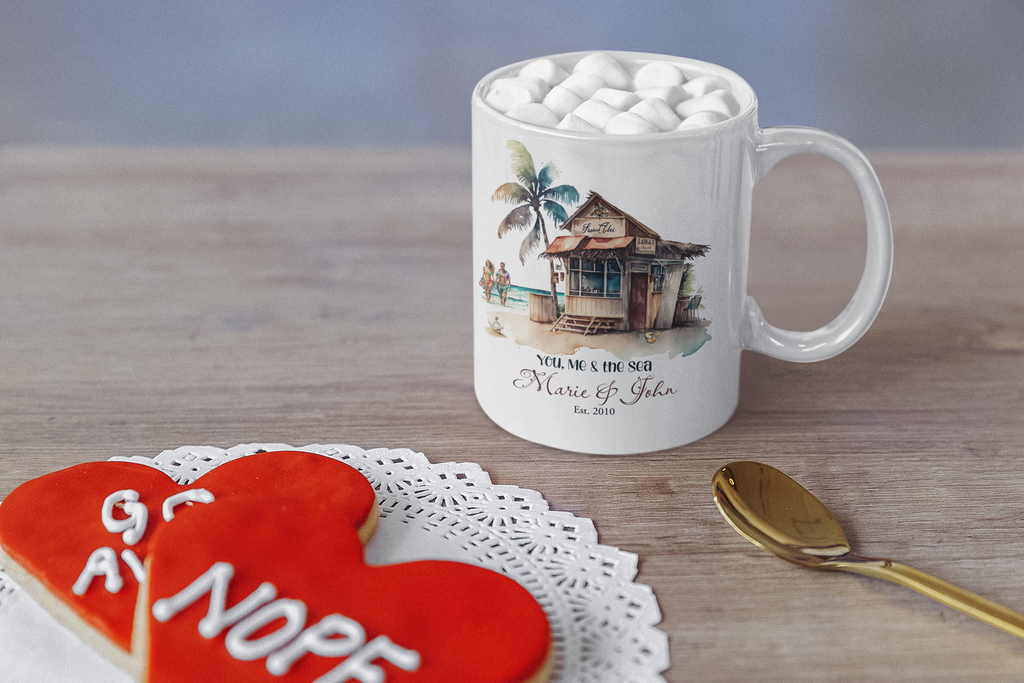 Personalized Couple Beach Mug – Custom Names and Date Anniversary Gift, Personalized Couple Beach Mug | Anniversary Gift