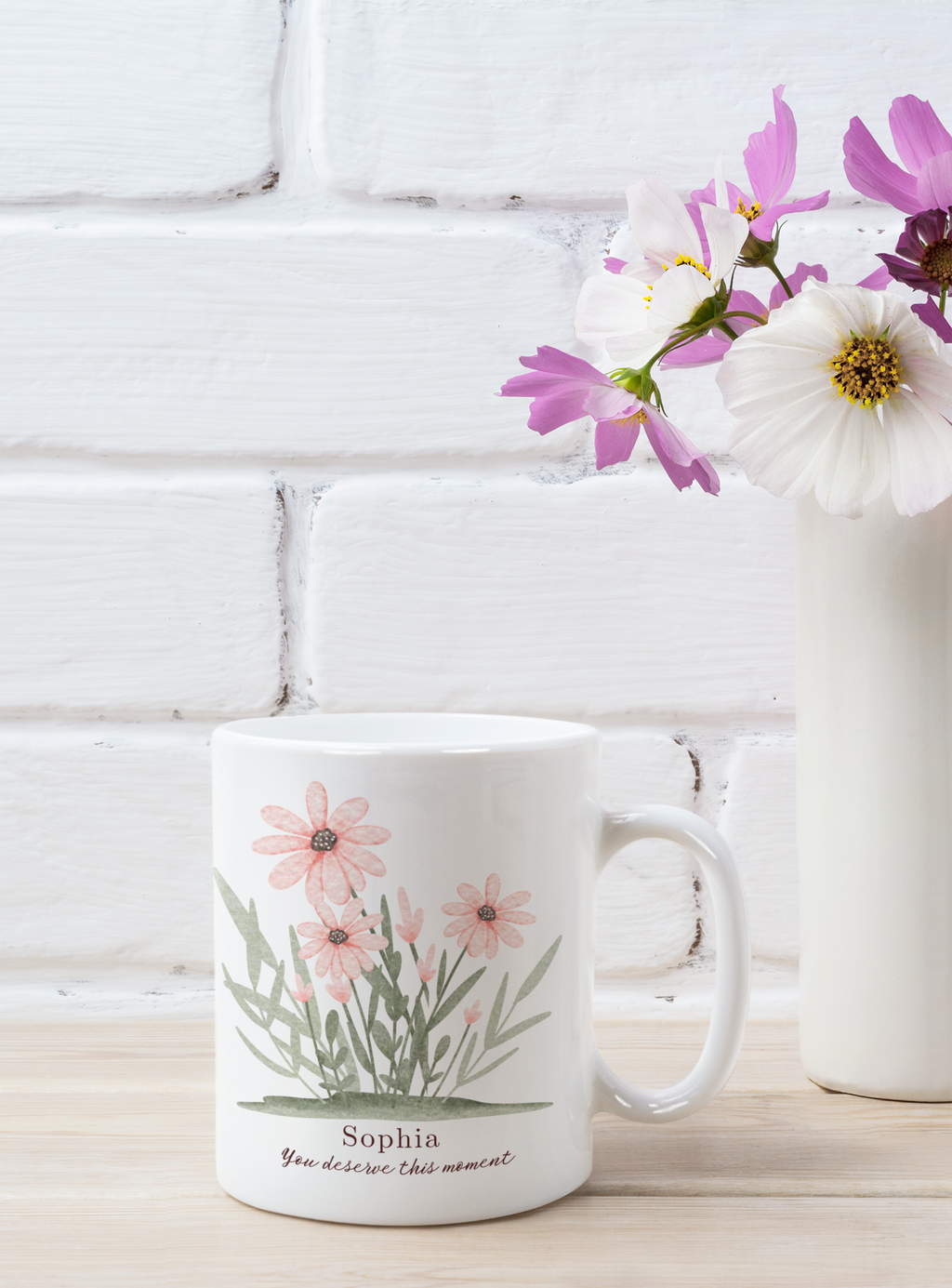 Personalized Floral Mug with Name – Custom Flower Coffee Cup, You Deserve This Moment Mug, Gift for Her, Birthday Gift, Self Care Gift