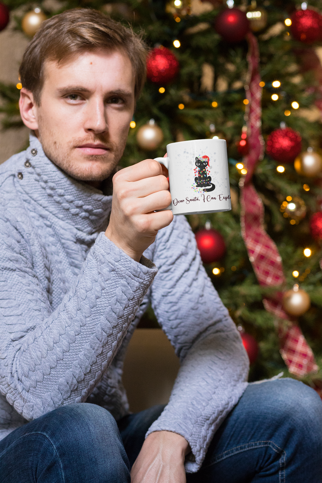 Funny Christmas Cat Mug - "Dear Santa, I Can Explain" Ceramic Coffee Cup - Holiday Gift for Cat Lovers