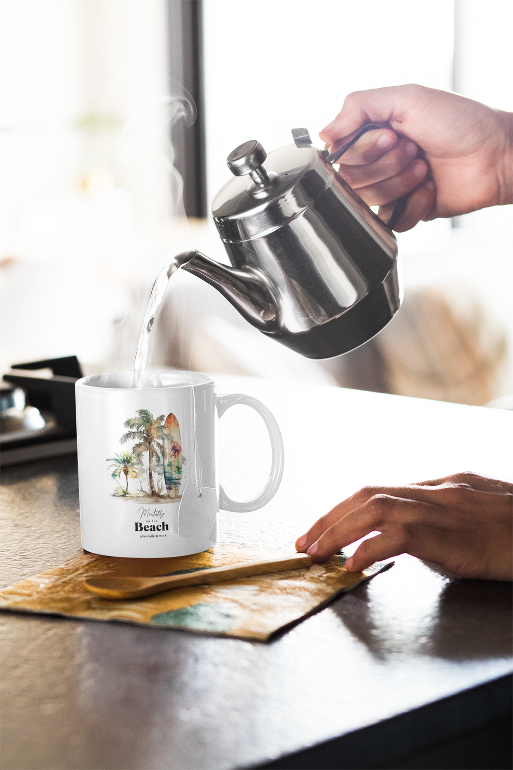 Mentally at the Beach Mug – Funny Summer Coffee Cup, Beach Lover Gift, Vacation Mood Mug, Tropical Palm Tree Aesthetic Cup