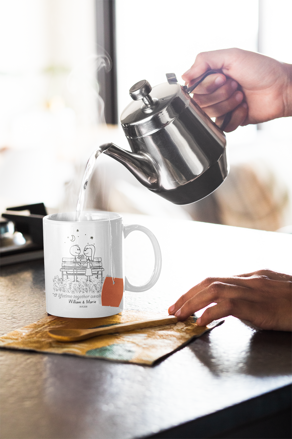 Personalized Wedding Mug for Couple – “A Lifetime Together Awaits Us” Custom Coffee Cup, Romantic Engagement Gift, Bride & Groom Mug with Names and Date