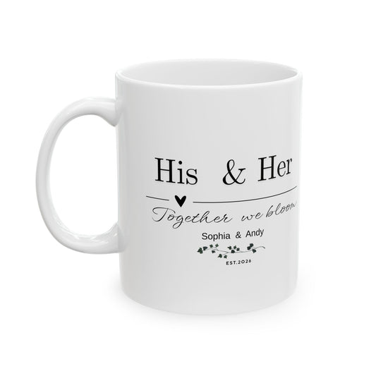 His & Her Personalized Mug – Together We Bloom, Custom Names & Date, Romantic Gift for Valentine’s Day, Anniversary & Wedding