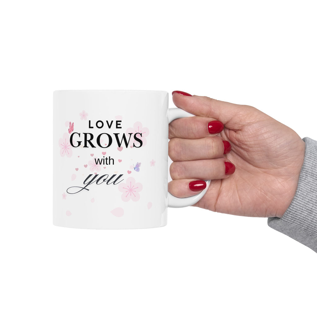 Love Grows With You Mug – Floral Heart Romantic Coffee Cup, Valentine’s Day, Anniversary & Wedding Gift