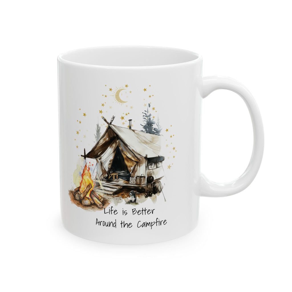 Camping Mug with Dog – Life is Better Around the Campfire, Outdoor Adventure Coffee Cup, Campfire Nights Gift, Nature Lover Mug