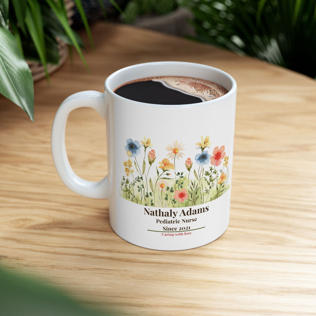 Personalized Nurse Mug – Vintage Floral Design, Custom Name, Specialty & Year, Nurse Appreciation Gift