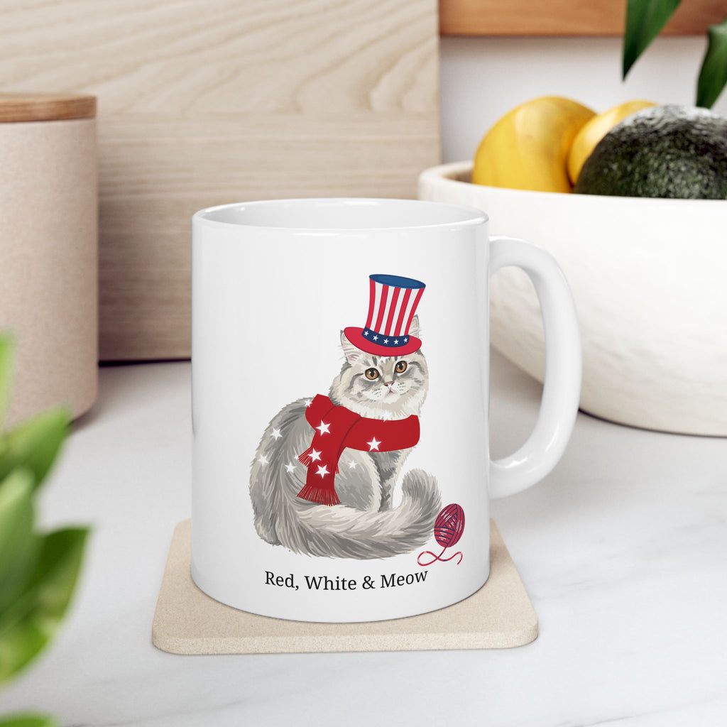 Red, White & Meow Cat Mug – Cute Patriotic USA Coffee Cup