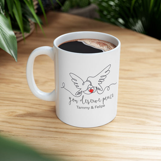 Personalized Dove Couple Mug – You Deserve Peace Line Art Love Mug with Names