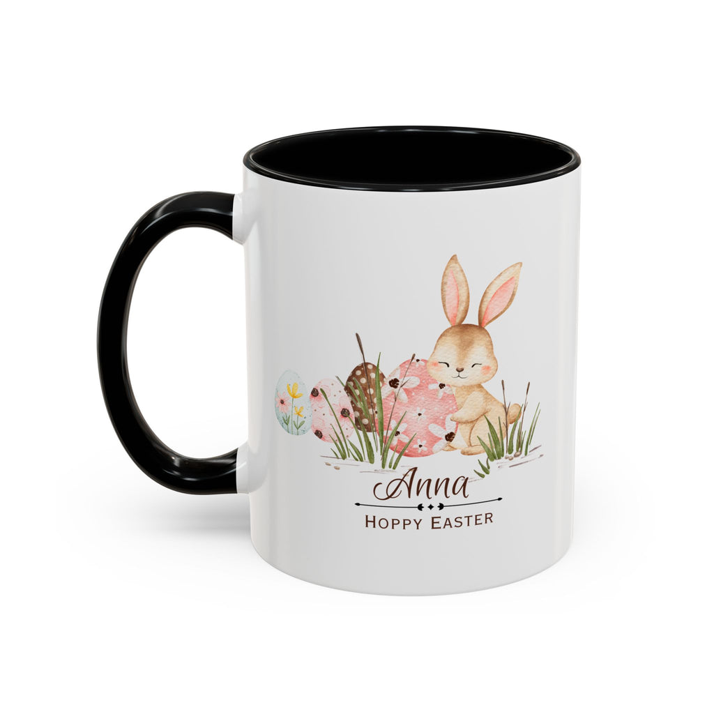 Personalized Easter Bunny Coffee Mug – Custom Name Accent Mug – “Hoppy Easter” Cute Bunny Mug – Easter Gift – Choose Your Favorite Color (11oz)
