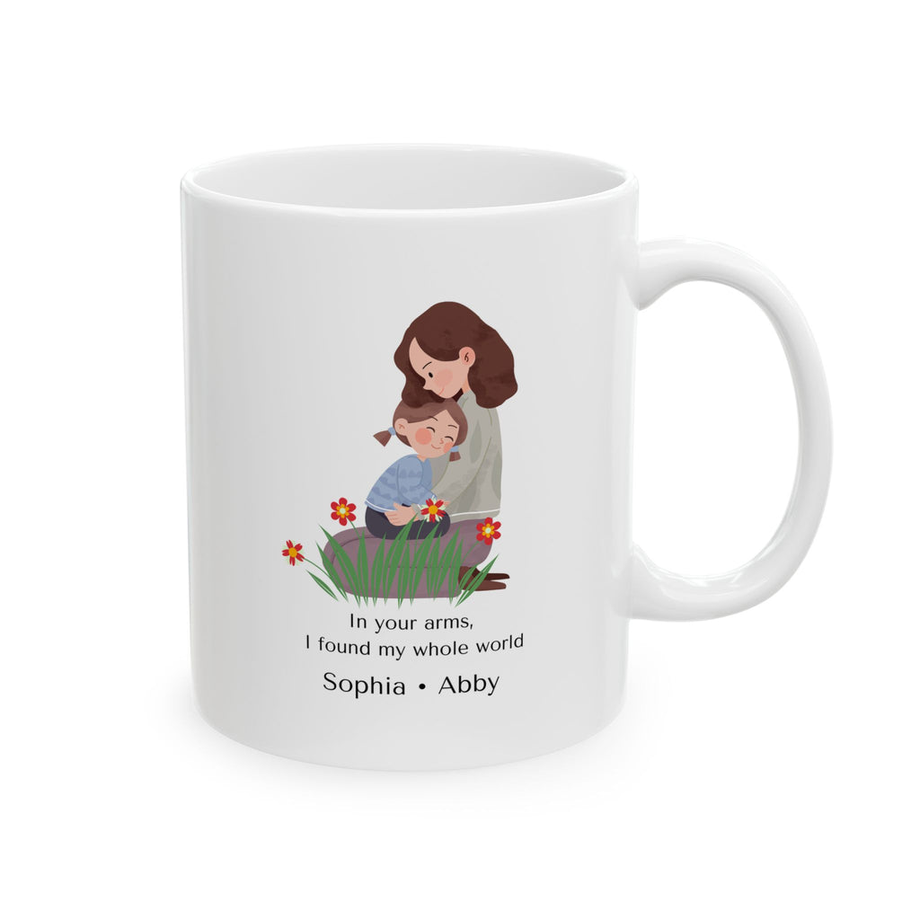 Personalized Mom Mug – “In Your Arms I Found My Whole World” – Custom Kids Names Mug – Emotional Gift for Mom