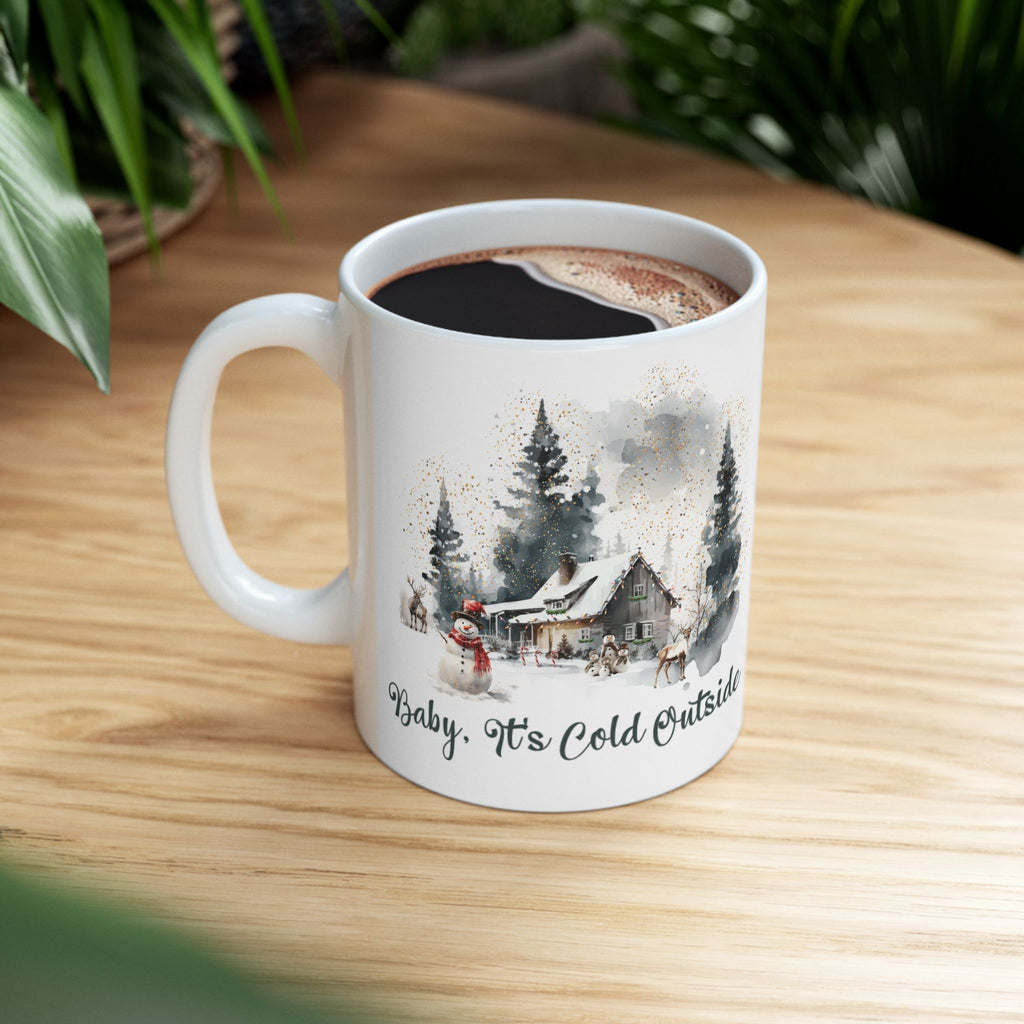 Baby It's Cold Outside Mug | Cozy Winter Coffee Mug | Christmas Cabin Watercolor Mug | Snowy Cottage Ceramic Cup | Holiday Gift