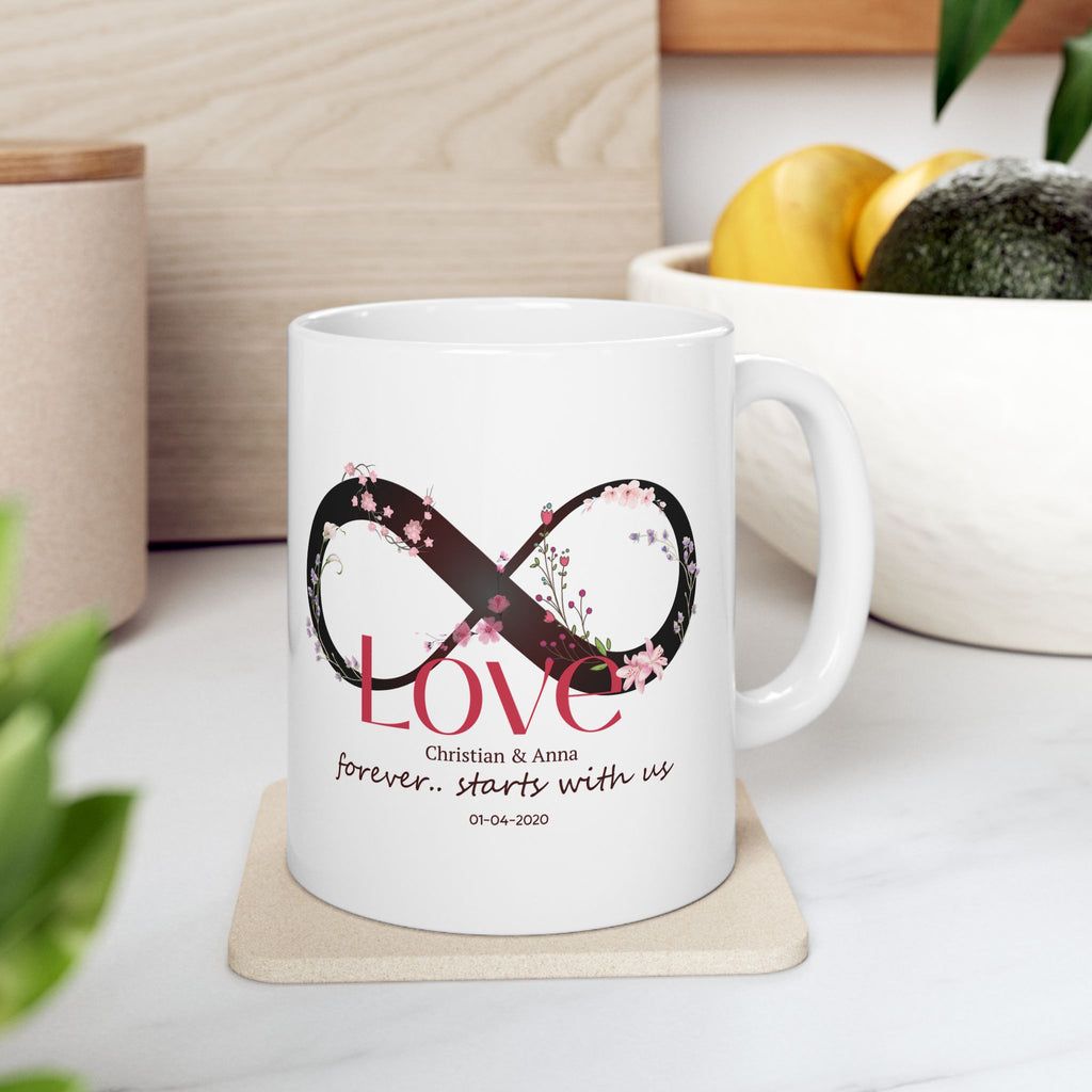 Personalized Infinity Love Mug – Forever Starts With Us | Anniversary & Wedding Gift