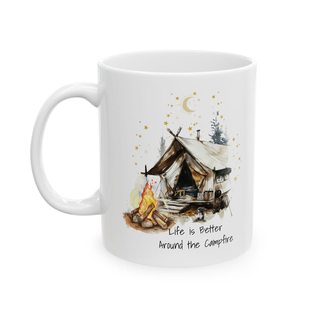 Camping Mug with Dog – Life is Better Around the Campfire, Outdoor Adventure Coffee Cup, Campfire Nights Gift, Nature Lover Mug
