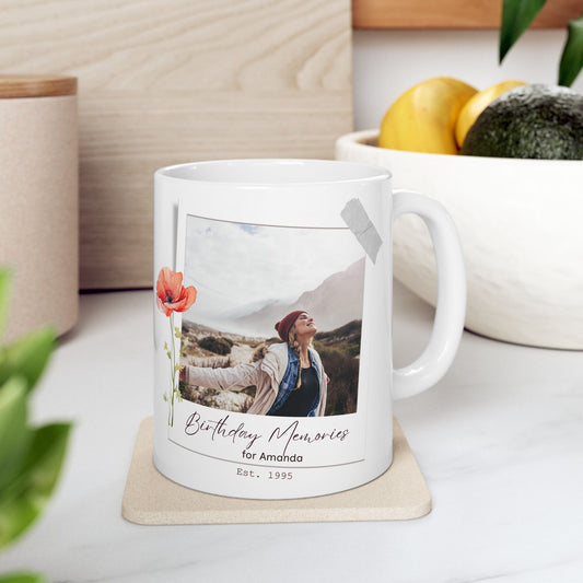 Personalized Birthday Photo Paper Mug – Vintage Floral Design, Custom Name & Year, Birthday Memories Keepsake Gift