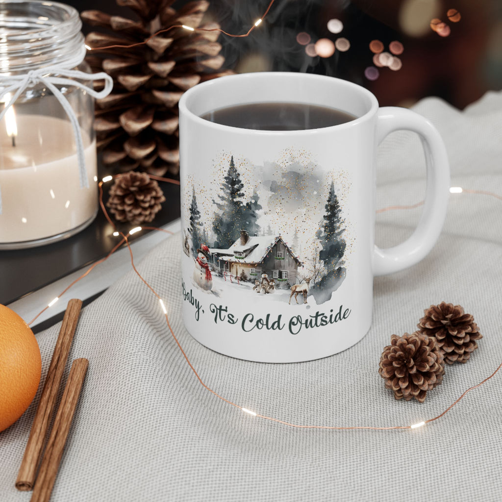 Baby It's Cold Outside Mug | Cozy Winter Coffee Mug | Christmas Cabin Watercolor Mug | Snowy Cottage Ceramic Cup | Holiday Gift