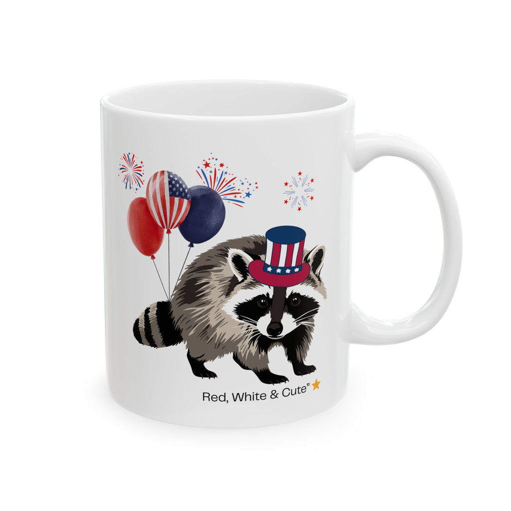 Patriotic Raccoon Mug – Red, White & Cute Design with Balloons, Fun USA Coffee Cup Gift